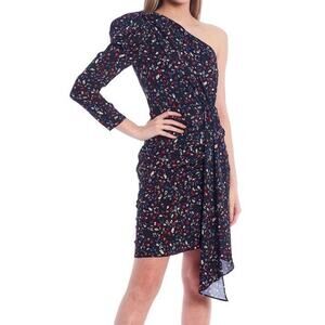 Aidan Mattox One Shoulder Side Swept Asymmetrical Dress Floral Print Puff Sleeve
